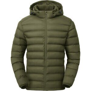 Men’s Green 100% Nylon Hooded Zip-Up Lightweight Warm Winter Puffer Jacket